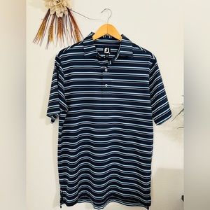 FootJoy FJ Blue White Stripped Polyester Blend Short Sleeve Polo Size Medium